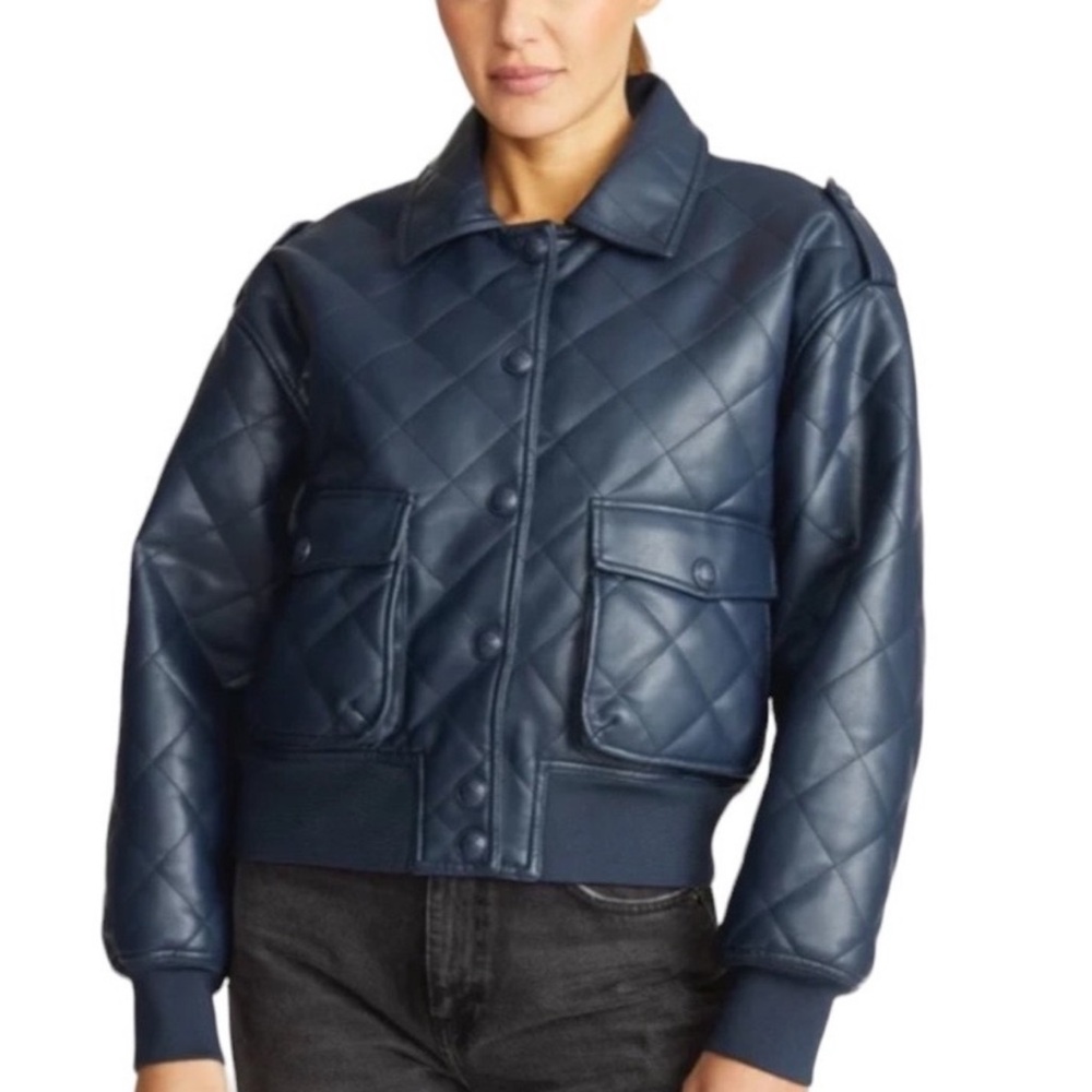 Rebecca Minkoff Women’s Small Navy Blue Vegan Leather Quilted Bomber Jacket
